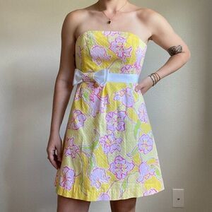 Lilly Pulitzer Strapless Y2K Cotton Yellow Floral Mini Bow Summer Dress Sz 2
